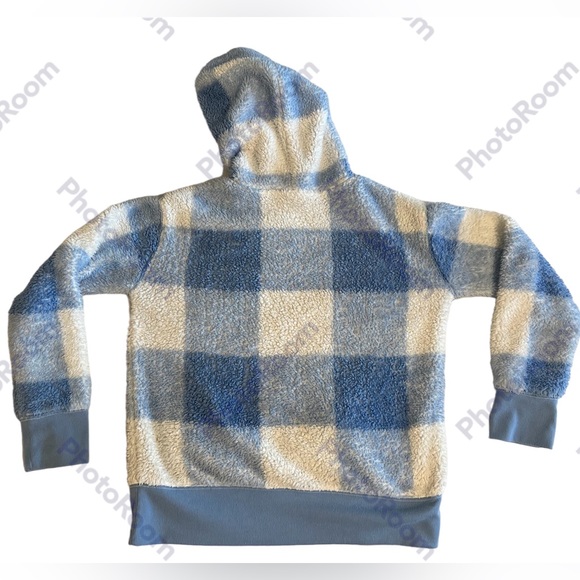 SO girls blue & white faux fur plaid hoodie size L 10/12 - Picture 3 of 9